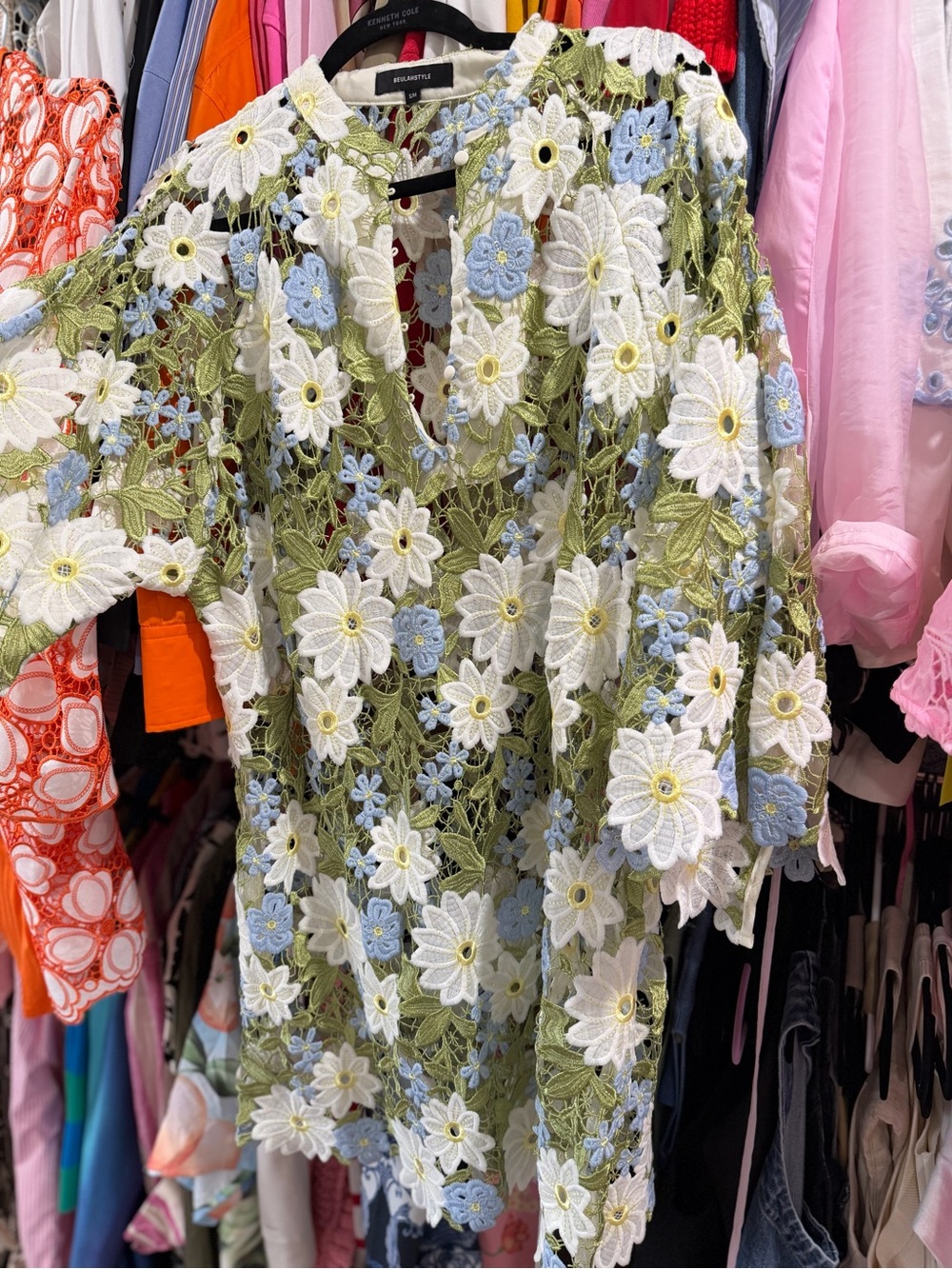 Beulah Olive Crochet Floral Mini Dress with White & Light Blue Flowers